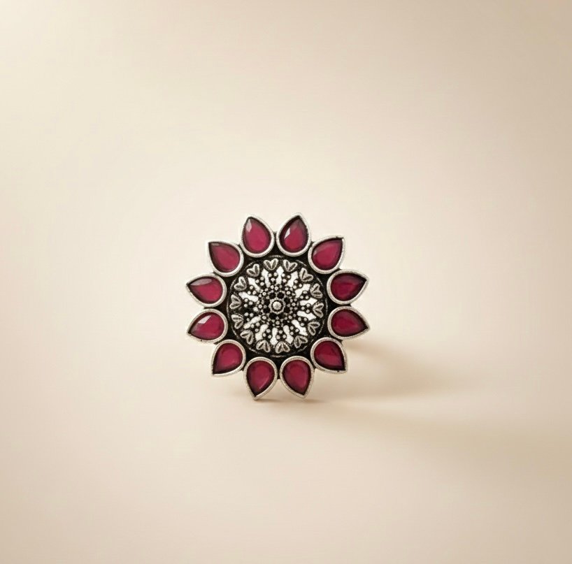 Oxidized Flower Stone Ring