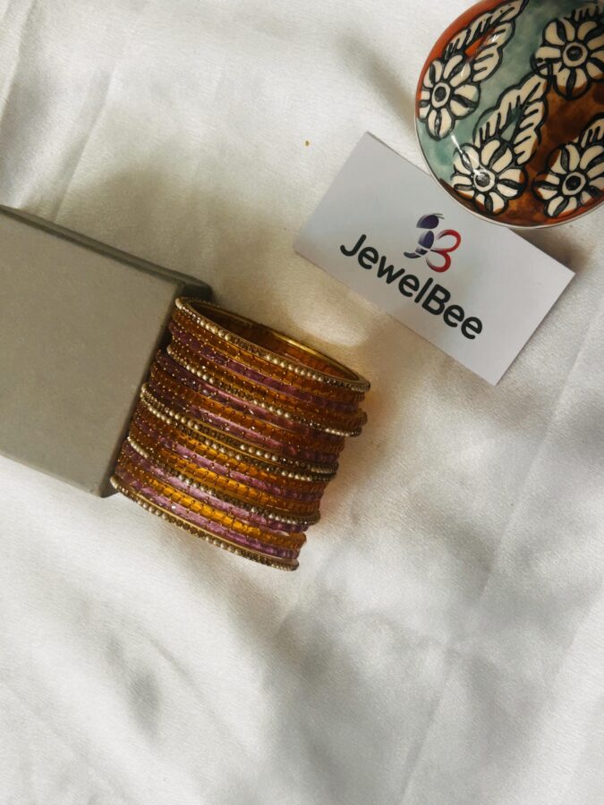 Glass Bangles - Lavender & Yellow With White Stones and Pearls - Image 2
