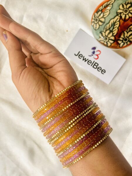 Glass Bangles -  Lavender & Yellow With White Stones and Pearls