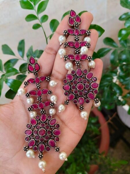 Adorable Look Silver Replica Oxidised Chandbali Earrings with Stone & Pearl Detailing - "Red" (Copy)