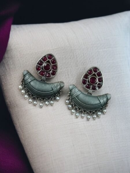 Adorable Look Silver Replica Oxidised Chandbali Earrings with Stone & Pearl Detailing - "Red"