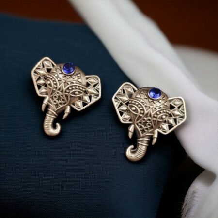 Unique Brass Elephant Stud Earrings with Perfect Stone Detailing - "Blue"