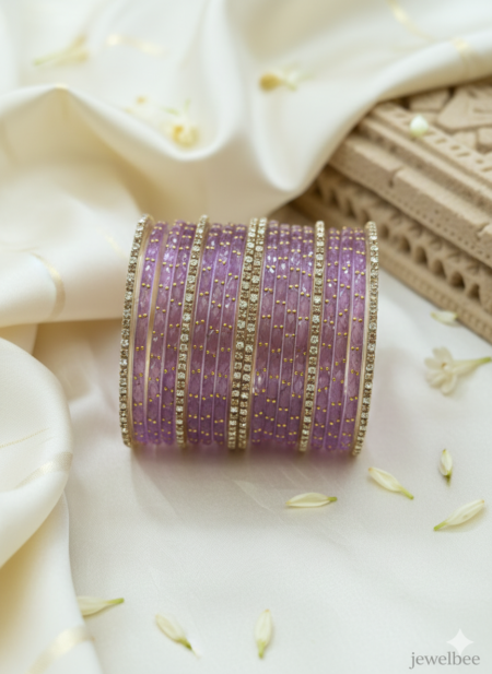 Glass Bangles - Lavender With White Stones