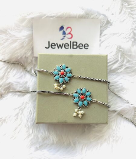 Flower Anklet with Pearls - Aqua