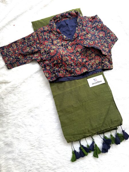 Dual Tone Khadi Cotton Saree with Stitched High Neck Ajrakh Blouse
