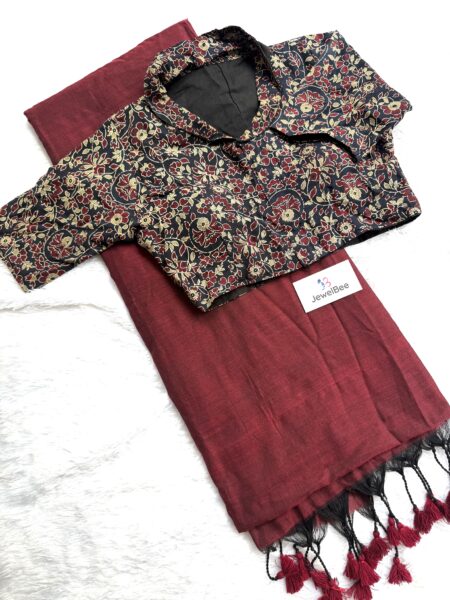 Khadi Cotton Saree with Stitched High Neck Ajrakh Blouse